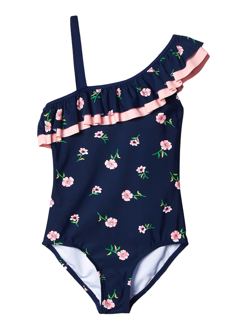 6/$15🪧Kanu Girls One Shoulder Floral Swimsuit Size 14 Navy Ruffle One Piece NWT